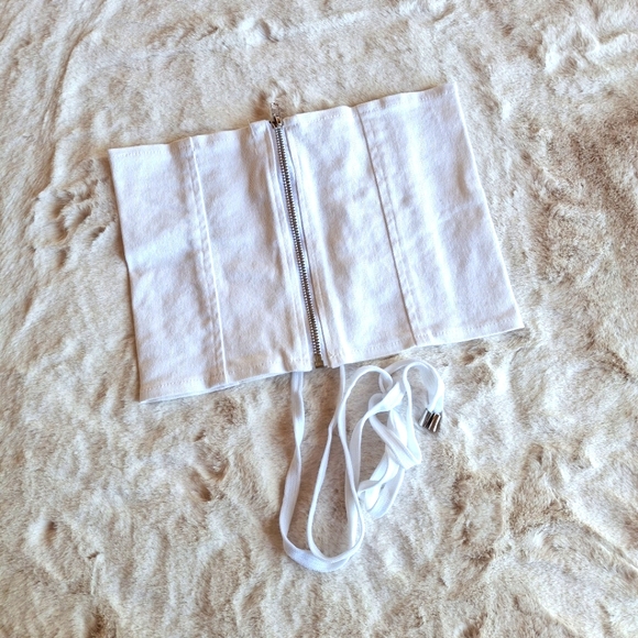 White Denim Corset Crop Top Small Jean Tie Up Back Zip Up - Picture 2 of 4